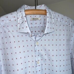 RODA Button Up Dress Shirt Large Light Blue Red Dot Printed Long Sleeve Italian
